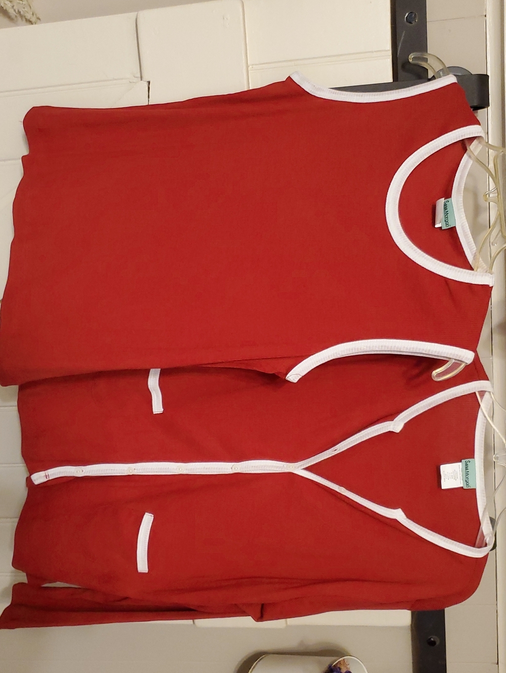 Red Tank Top and Cardigan Set with White Trim